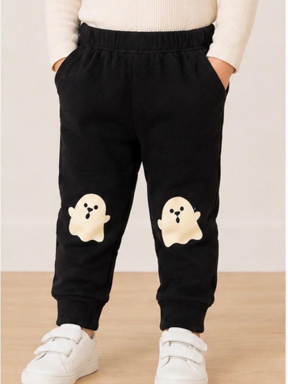 NWOT Bluey Kids Black Joggers with Cute Cream Ghost Knee Patches